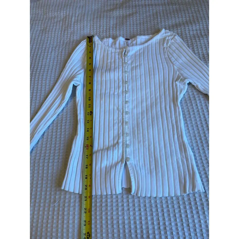 Free People Tilly Knit Ribbed Fitted Button Up Long Sleeve Top White Large Boho